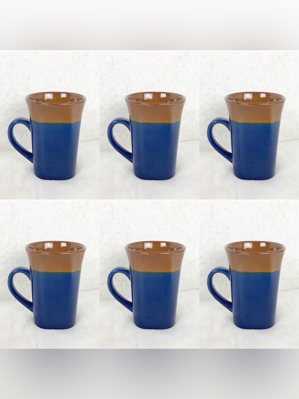 Royal Norfolk 6 Fine Stoneware Tall Latte Coffee Mugs Blue Brown 14 oz Boho